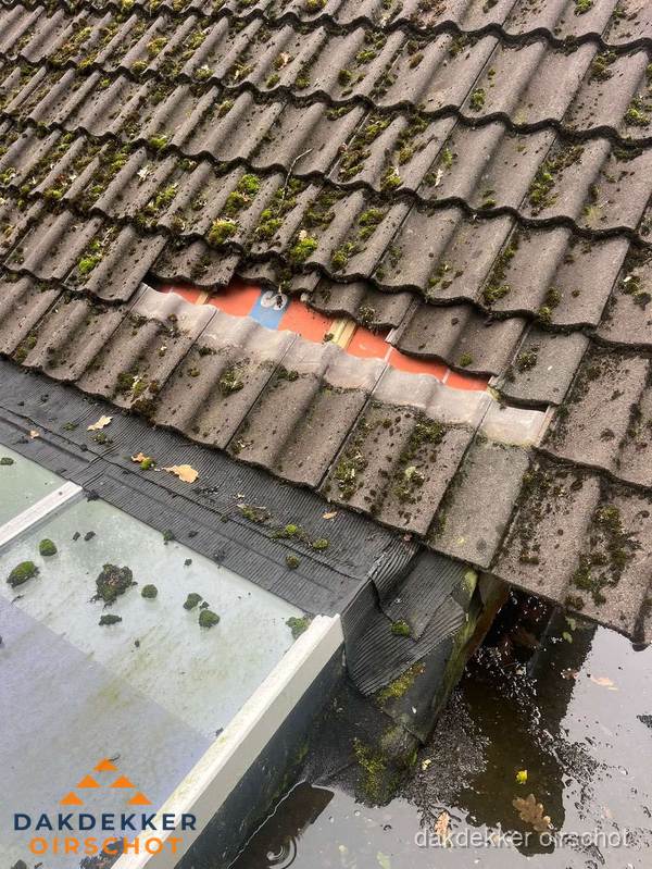 Beschadigd pannendak met ontbrekende dakpannen voor reparatie in Oirschot Beschadigd pannendak met ontbrekende dakpannen voor reparatie in Oirschot